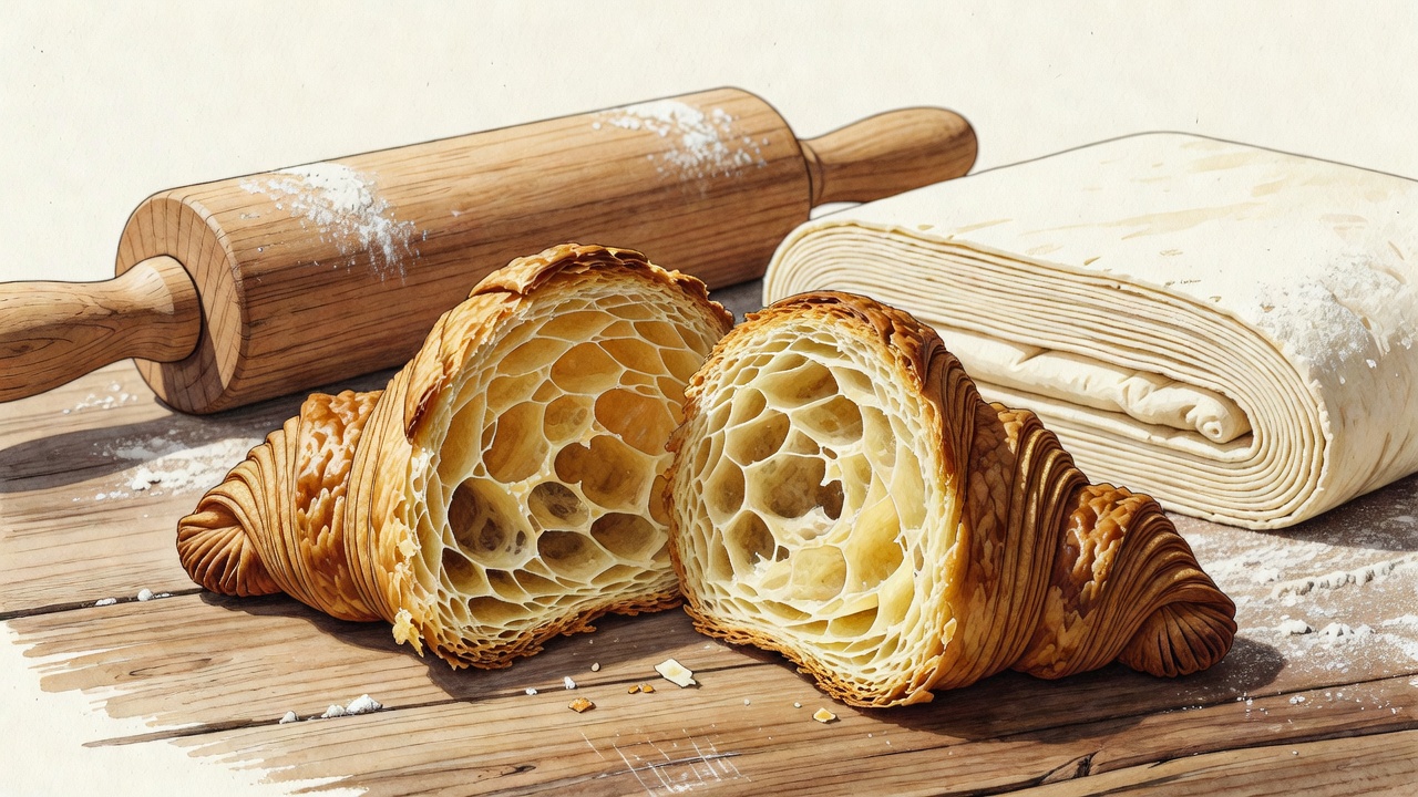 Illustration of a torn croissant showing honeycombed layers beside a rolling pin and a folded block of laminated dough