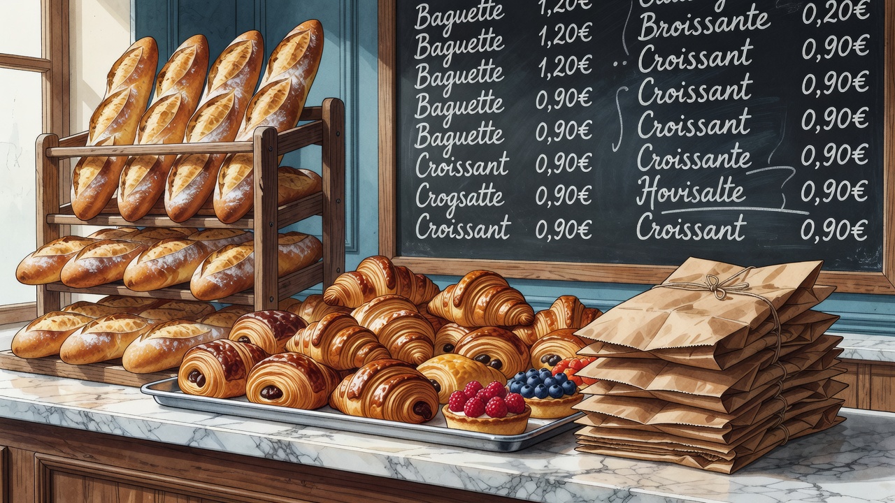 Illustration of a bakery counter with baguettes in a rack, a tray of pastries, paper bags and a chalkboard price list