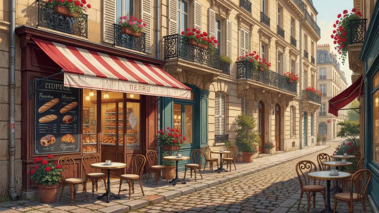 Illustration of a narrow Paris street with a bakery awning, chalkboard menu, café tables and a line of Haussmann balconies above