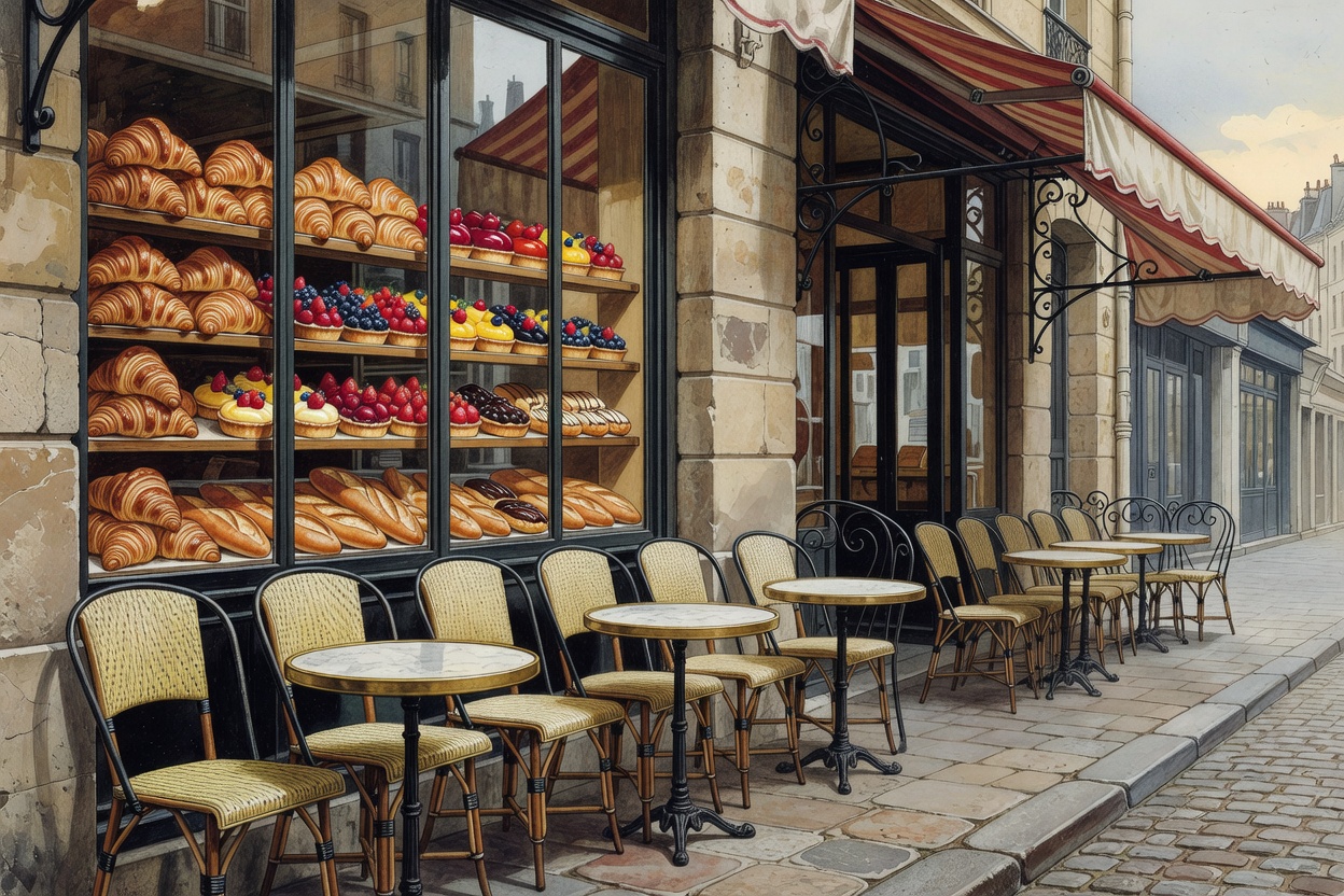 Illustration of a Parisian café terrace with cane chairs beside a bakery window stacked with croissants and tarts