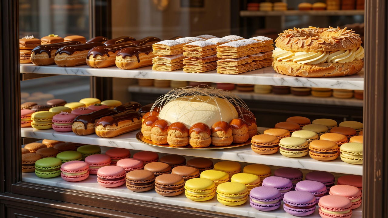 Illustration of a pâtisserie window displaying éclairs, mille-feuille, a Paris-Brest ring, a Saint-Honoré and rows of macarons