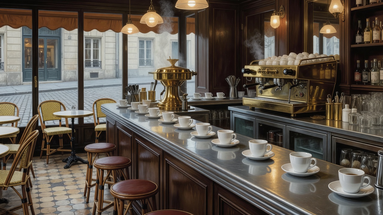 Illustration of a Parisian café interior with a long zinc counter, cups on saucers, a brass espresso machine and cane terrace chairs beyond the window